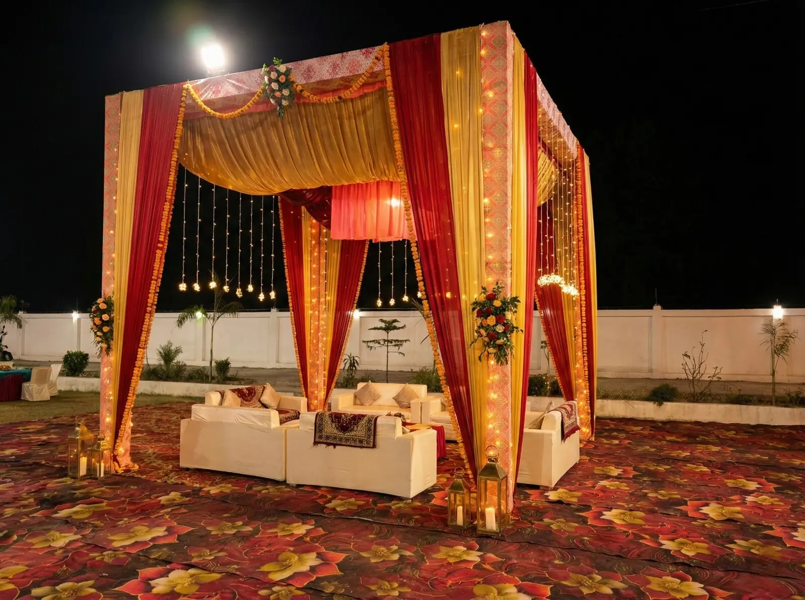 Lush green lawn for outdoor wedding functions at Siya Mandapam