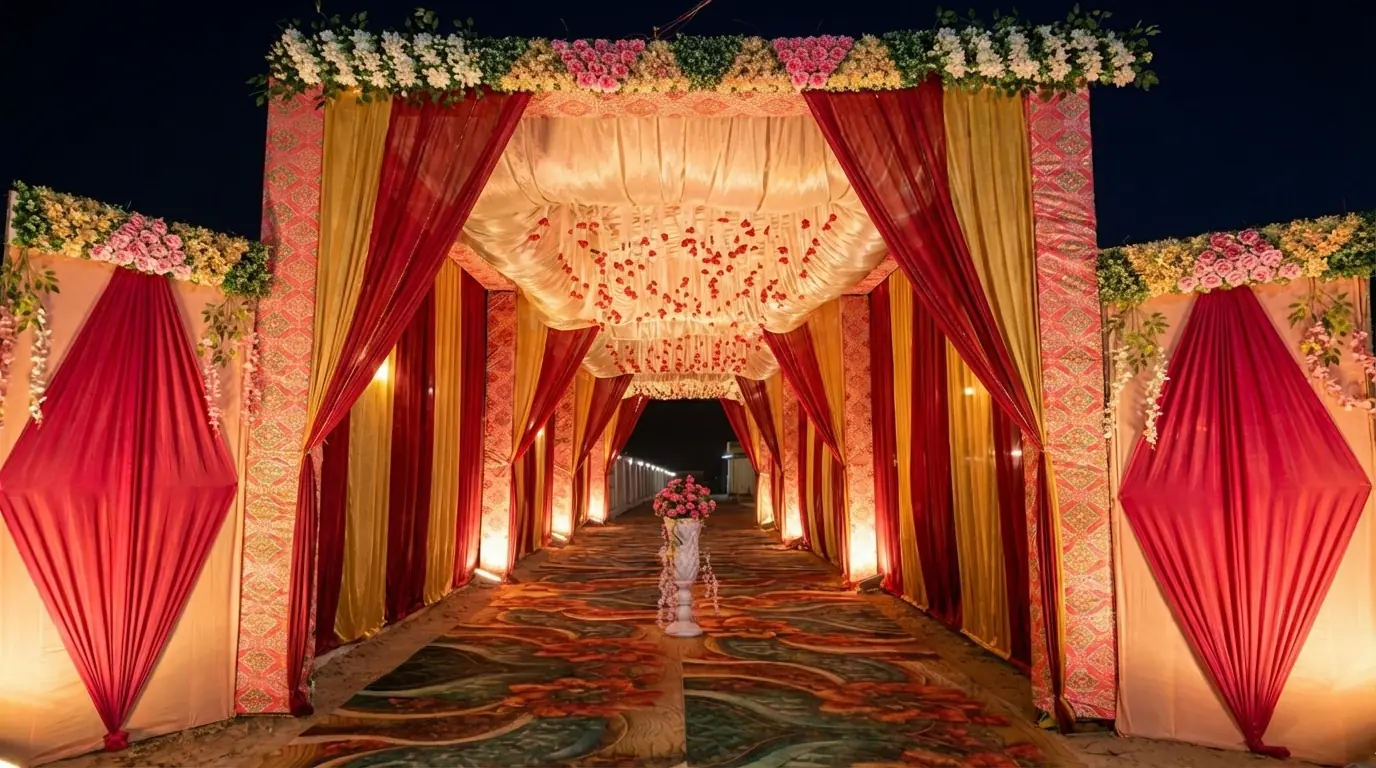 Flower-decorated entrance gate of Siya Mandapam marriage hall